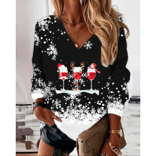 Christmas Snowflake Wine Glass Print Long Sleeve Top - black