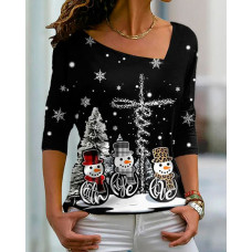 Christmas Snowman Print Asymmetrical Neck Top - black