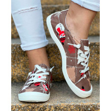 Christmas Snowman Print Lace-up Canvas Slip-On - khaki