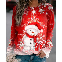 Christmas Snowman Print Long Sleeve Casual Top - red