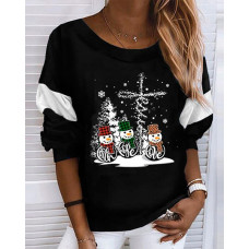 Christmas Snowman Print Long Sleeve Top - black