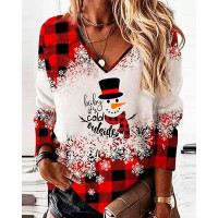 Christmas Snowman Snowflake Plaid Print Long Sleeve Top - red