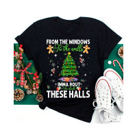 Christmas Tree Letter Print Casual T-shirt - black