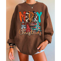 Christmas Tree Letter Print Long Sleeve Sweatshirt - coffee