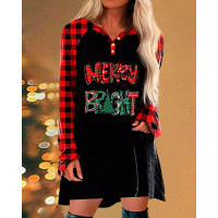 Christmas Tree Plaid Print Long Sleeve Casual Dress - black