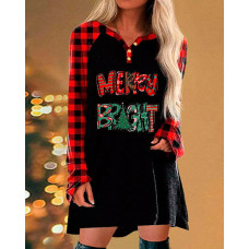 Christmas Tree Plaid Print Long Sleeve Casual Dress - black