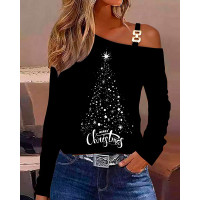 Christmas Tree Print Cold Shoulder Top - black