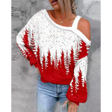 Christmas Tree Print Cold Shoulder Top - white