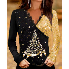 Christmas Tree Print Contrast Sequin Long Sleeve Top - black