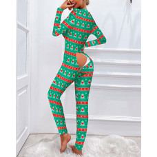 Christmas Tree Print Functional Buttoned Flap Adults Pajamas - green