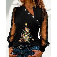 Christmas Tree Print Glitter Sheer Mesh Long Sleeve Top - black