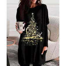 Christmas Tree Print Long Sleeve Casual Dress - black