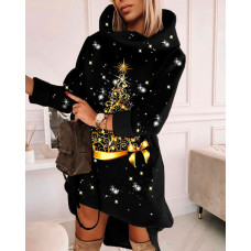 Christmas Tree Print Long Sleeve Sweatshirt Dress - black