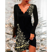 Christmas Tree Print Scallop Trim Long Sleeve Dress - black