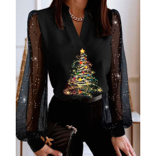 Christmas Tree Print Sheer Mesh Lantern Sleeve Top - black