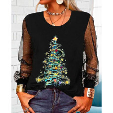 Christmas Tree Print Sheer Mesh Long Sleeve Top - black