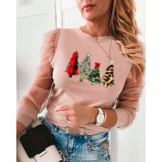 Christmas Tree Print Sheer Mesh Long Sleeve Top - pink