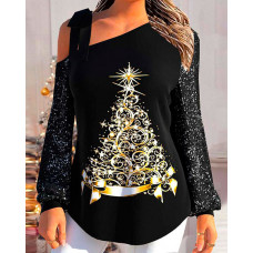 Christmas Tree Print Tied Detail Cold Shoulder Top - black