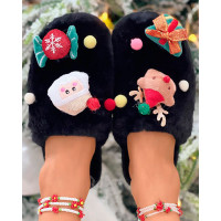 Christmas Tree Santa Elk Cartoon Pattern Fuzzy Slippers - black