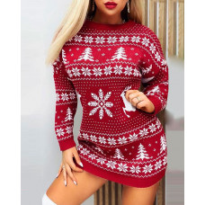 Christmas Tree Snowflake Print Casual Dress - red