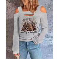 Christmas Tree Snowflake Print Cold Shoulder Top - gray