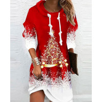 Christmas Tree Snowflake Print Long Sleeve Dress - red