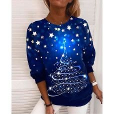 Christmas Tree Star Print Long Sleeve Sweatshirt - blue