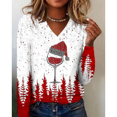 Christmas Tree Wine Glass Print Long Sleeve Top - red