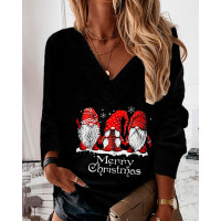 Christmas V Neck Santa Letter Print Casual Top - black