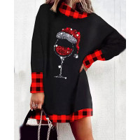 Christmas Wine Glass Plaid Print Casual Dress - black