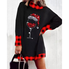 Christmas Wine Glass Plaid Print Casual Dress - black