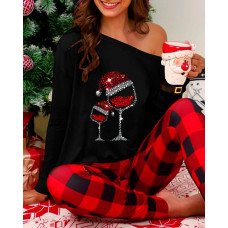 Christmas Wine Glass Plaid Print Cold Shoulder Pajamas Set - black