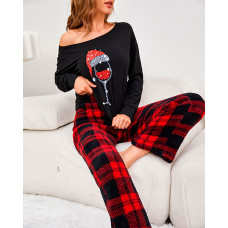 Christmas Wine Glass Plaid Print Fluffy Pajamas Set - red