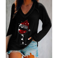 Christmas Wine Glass Print Casual Sweatshirt - black