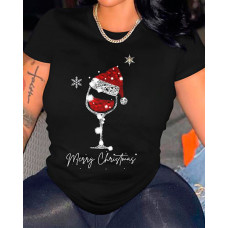 Christmas Wine Glass Print Casual T-shirt - black