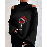 Christmas Wine Glass Print Cold Shoulder Lantern Sleeve Top - black