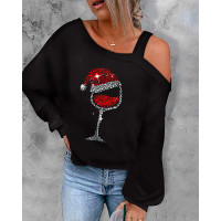 Christmas Wine Glass Print Cold Shoulder Top - black