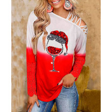 Christmas Wine Glass Print Contrast Lace Cold Shoulder Top - red