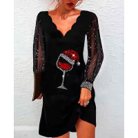 Christmas Wine Glass Print Contrast Mesh Casual Dress - black