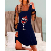 Christmas Wine Glass Print Contrast Mesh Casual Dress - dark blue