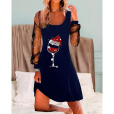 Christmas Wine Glass Print Contrast Mesh Casual Dress - dark blue