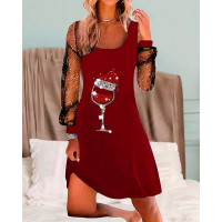 Christmas Wine Glass Print Contrast Mesh Casual Dress - Wine red