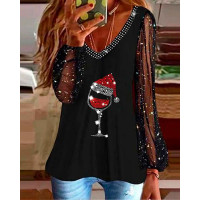 Christmas Wine Glass Print Contrast Mesh Long Sleeve Top - black