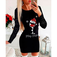 Christmas Wine Glass Print Contrast Sequin Bodycon Dress - black