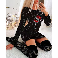 Christmas Wine Glass Print Glitter Bodycon Dress - black