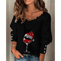 Christmas Wine Glass Print Lace Patch Long Sleeve Top - black