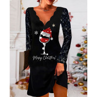 Christmas Wine Glass Print Long Sleeve Casual Dress - black