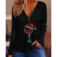 Christmas Wine Glass Print Long Sleeve Top - black