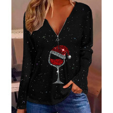 Christmas Wine Glass Print Long Sleeve Top - black