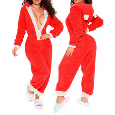 Christmas Zipper Front Hooded Fluffy Adult Onesie - red